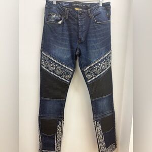 NWOT Philipp Plein Dark Blue Paisley Emb Skinny Moto Jeans